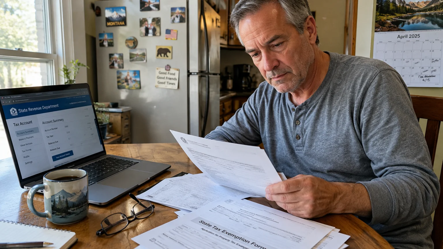 A mature man at a kitchen table reads paper tax documents next to a laptop displaying a state revenue department website.