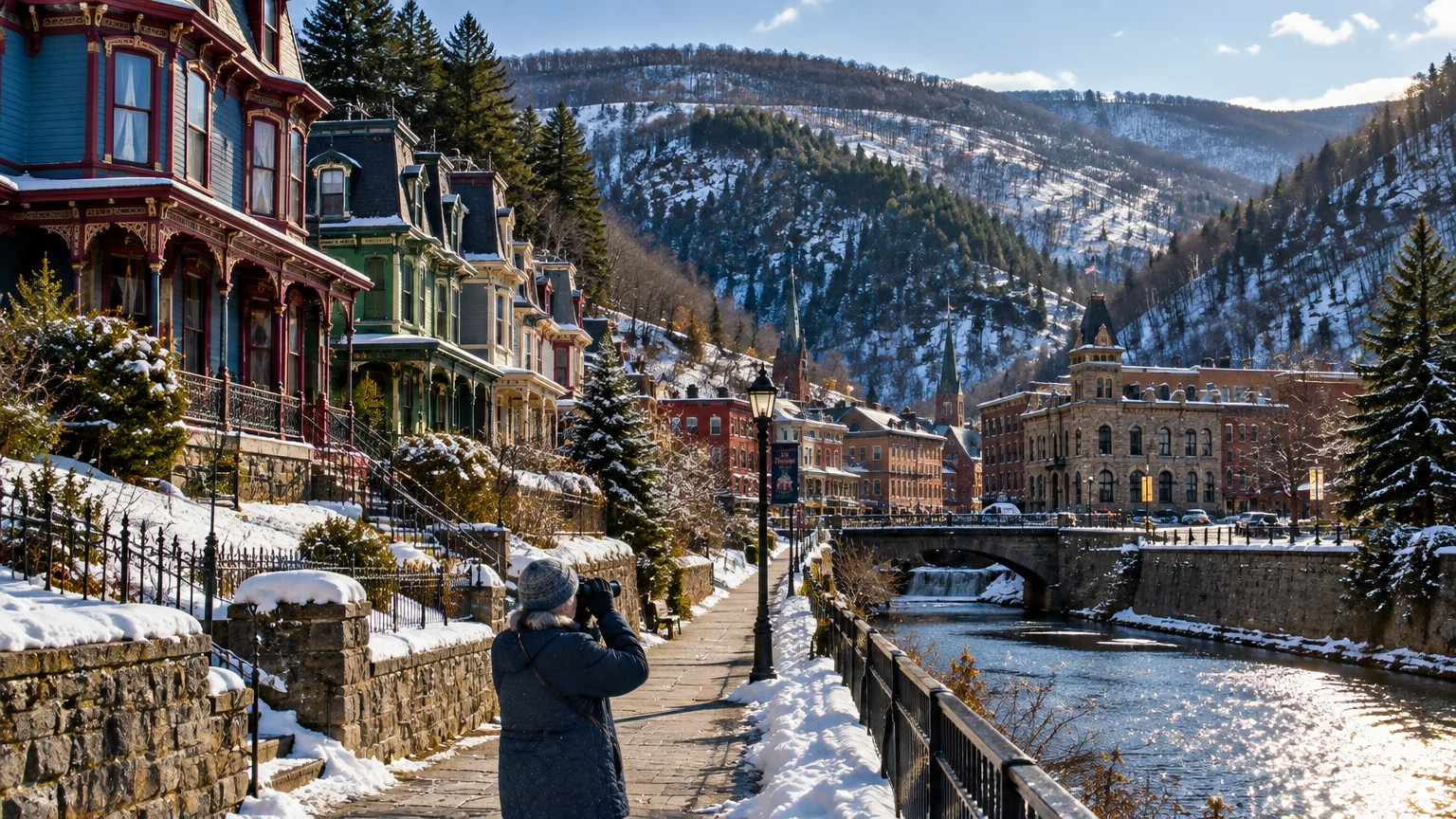 Person taking photos along a snow-lined riverwalk beside colorful Victorian homes with snow-covered mountains in the background.