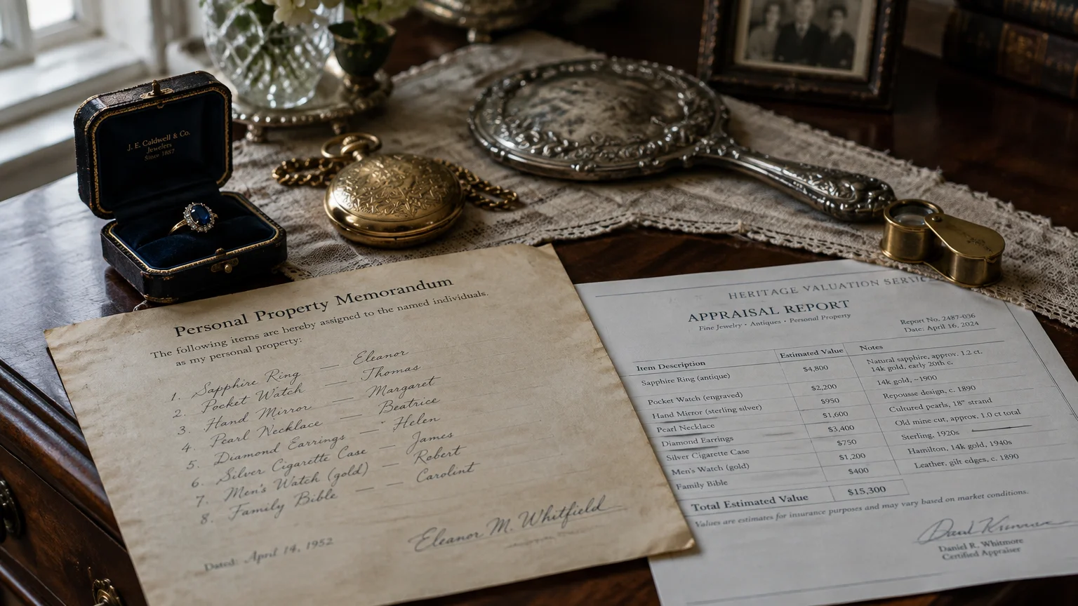 Antique sapphire ring, pocket watch, and silver mirror beside an appraisal report and personal property memorandum.