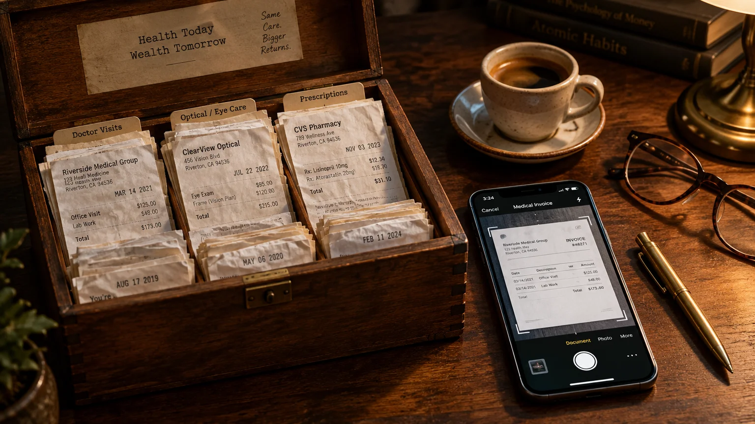 Wooden box filed with medical receipts next to a smartphone scanning an invoice, coffee cup, and eyeglasses on a desk.