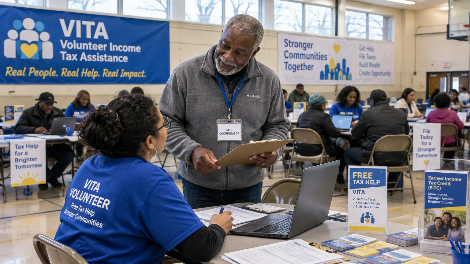 A site coordinator with a clipboard talks to a VITA volunteer seated at a desk inside a busy community tax clinic.