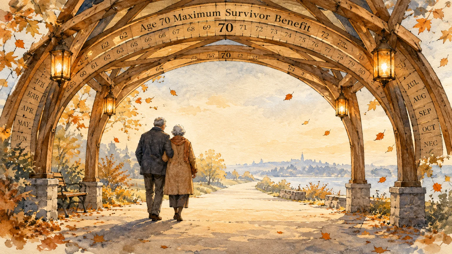 Older couple walking through an autumn park under a wooden arch inscribed with Age 70 Maximum Survivor Benefit.