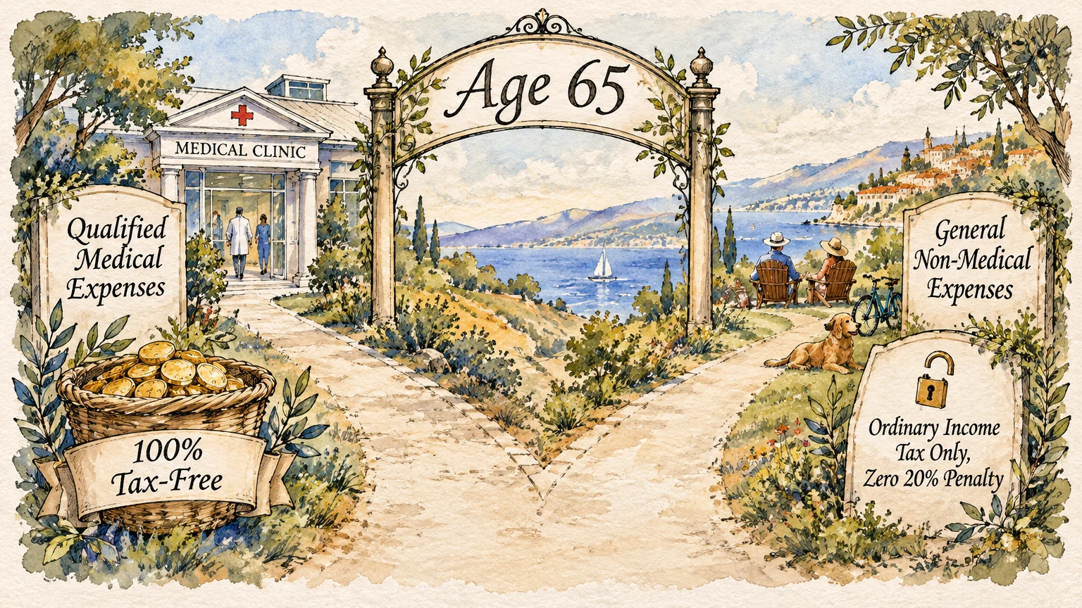 Watercolor illustration of a pathway splitting toward a medical clinic and a scenic lake beneath an Age 65 archway.