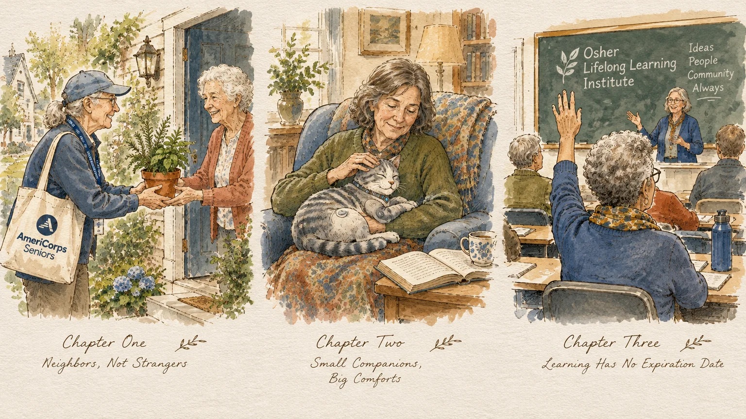 Three-panel watercolor illustration showing a senior volunteer greeting a neighbor, a woman petting a cat, and a classroom.