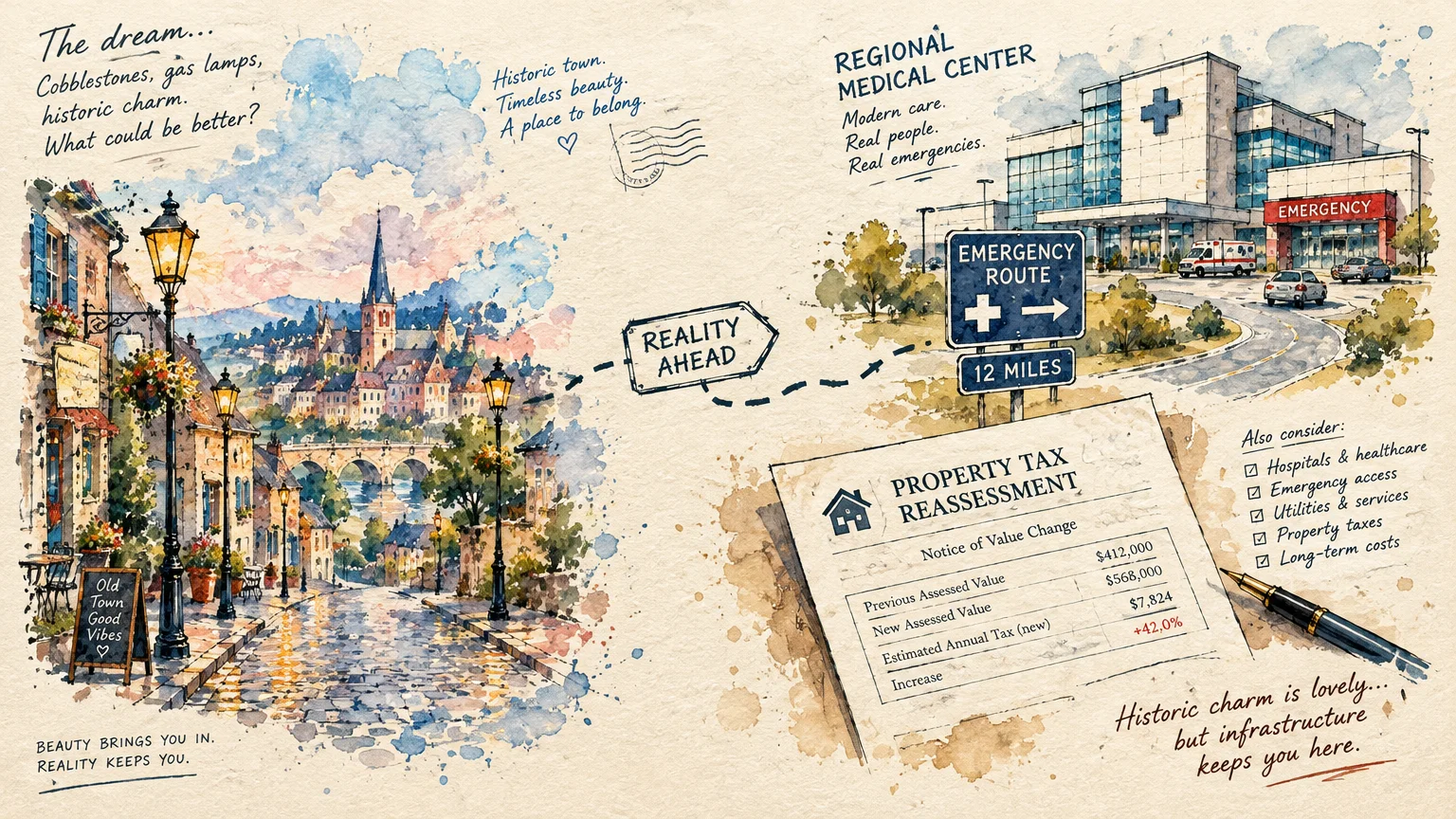 Watercolor montage showing a cobblestone historic town beside a modern medical center and property tax assessment notice.
