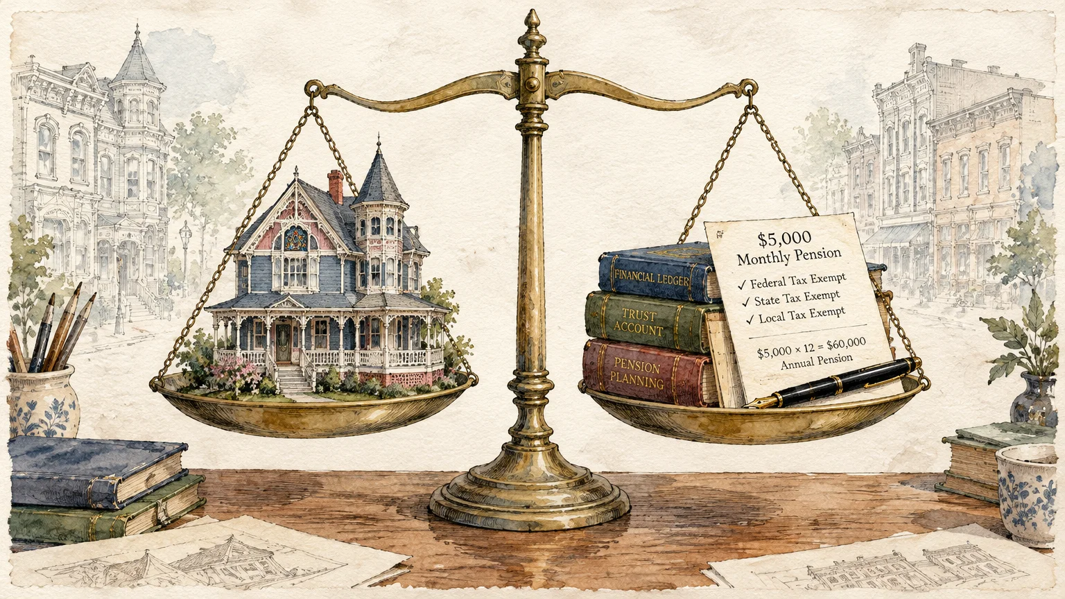Brass balance scale weighing a miniature Victorian house against financial ledger books and a pension calculation note.