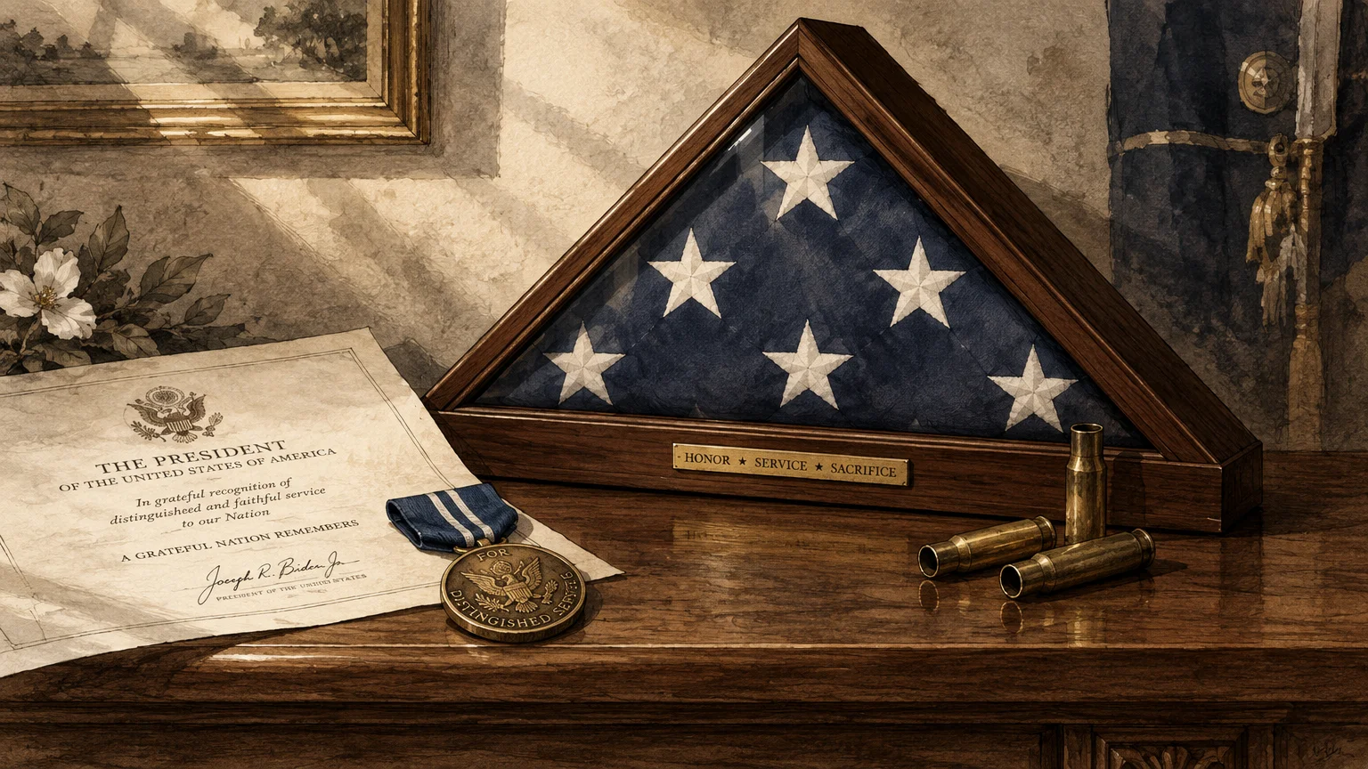 Illustration of a folded American flag in a wooden case alongside a presidential certificate, medal, and shell casings.
