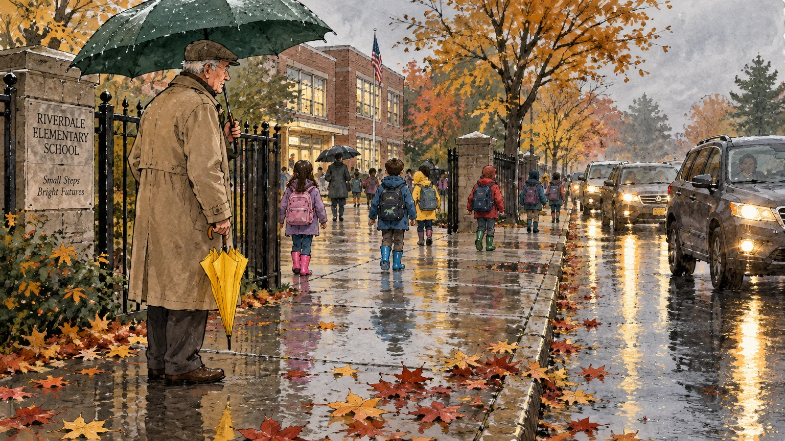 Older man with an umbrella waits outside an elementary school gate on a rainy autumn day as children walk by.