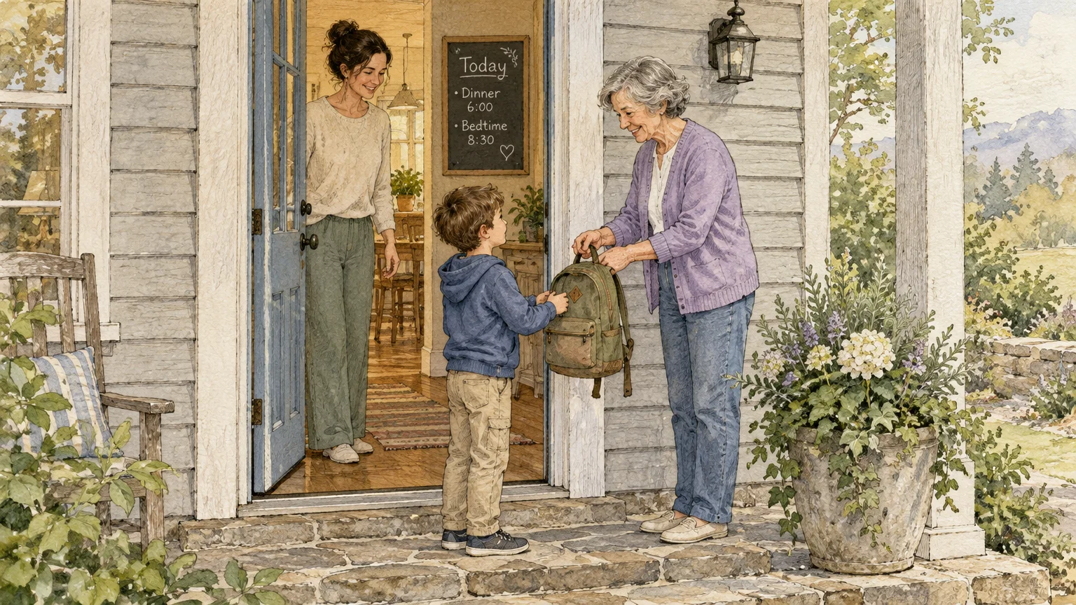 A grandmother hands a backpack to a young boy at a front doorway as his mother smiles from inside.