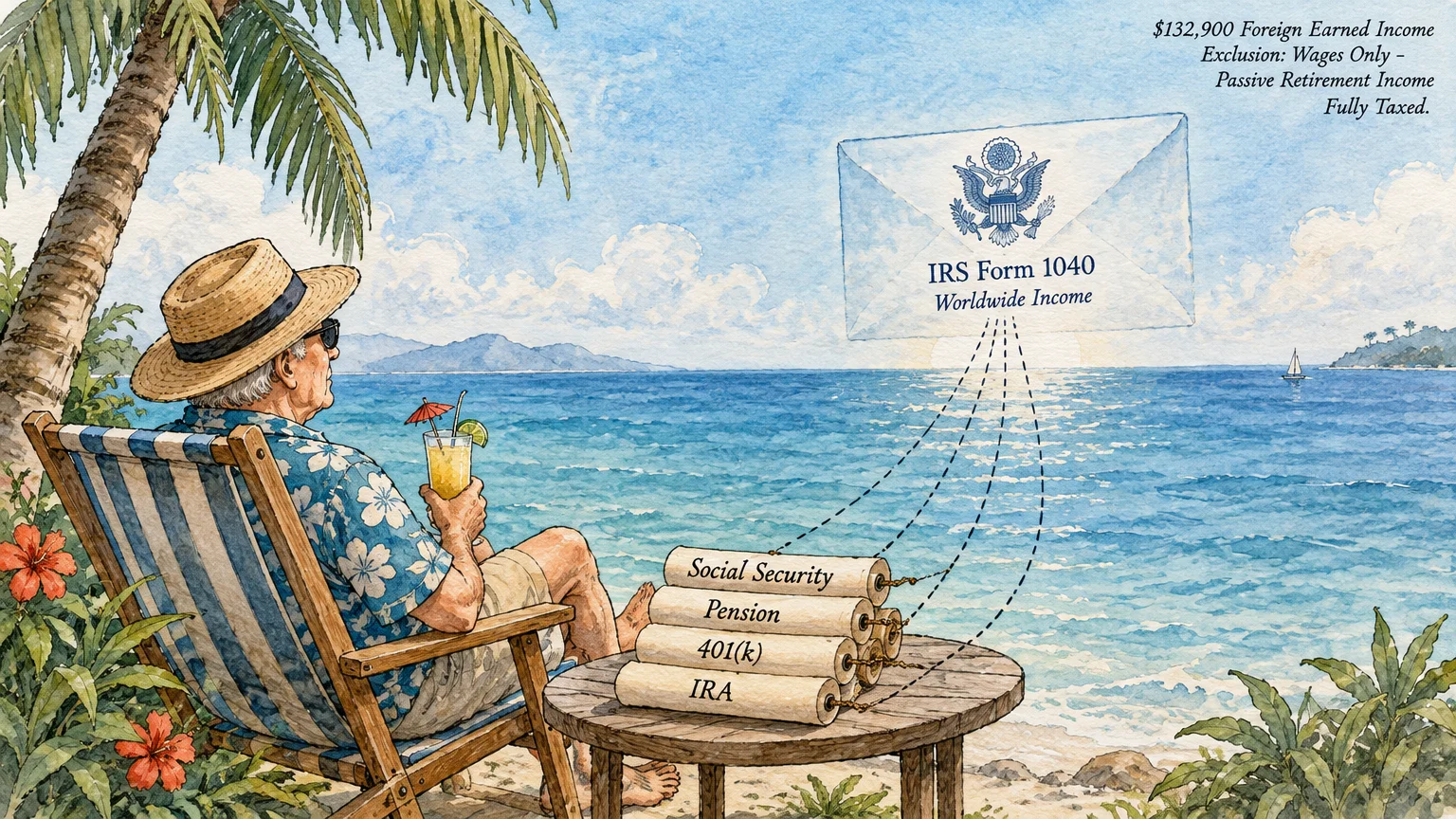 Watercolor of a man relaxing on a tropical beach beside retirement scrolls connected to a floating IRS Form 1040 envelope.