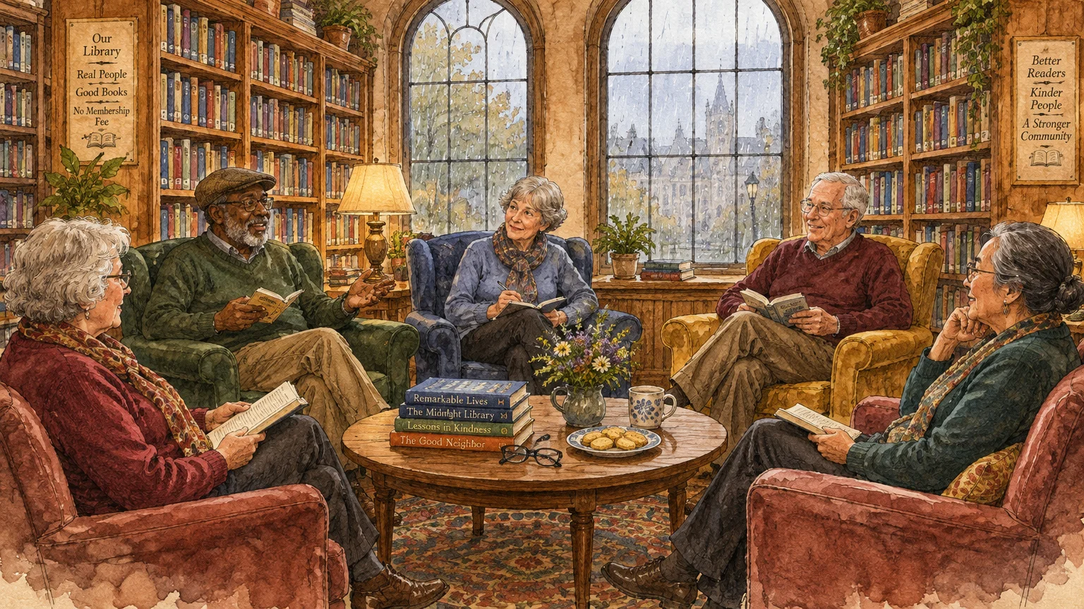 Five seniors sit in armchairs around a coffee table, holding books and talking in a library lined with bookshelves.