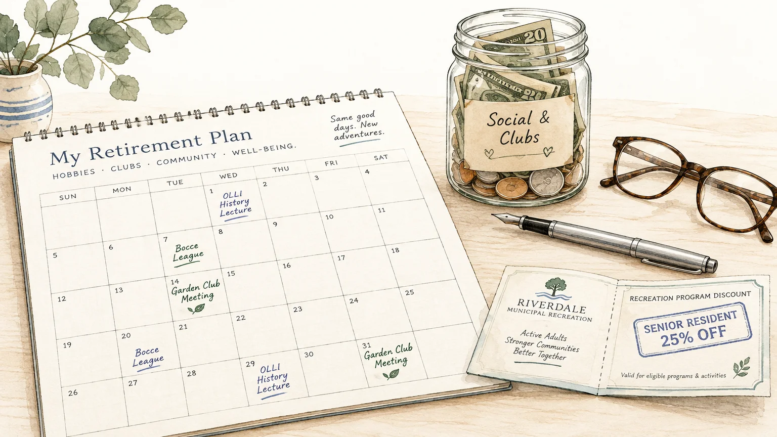 A retirement calendar, a jar of money labeled Social & Clubs, eyeglasses, a pen, and a municipal recreation discount card.