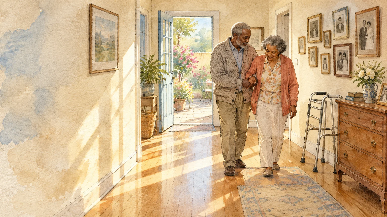 Watercolor illustration of an older man gently supporting an elderly woman as they walk down a sunlit hallway past a walker.