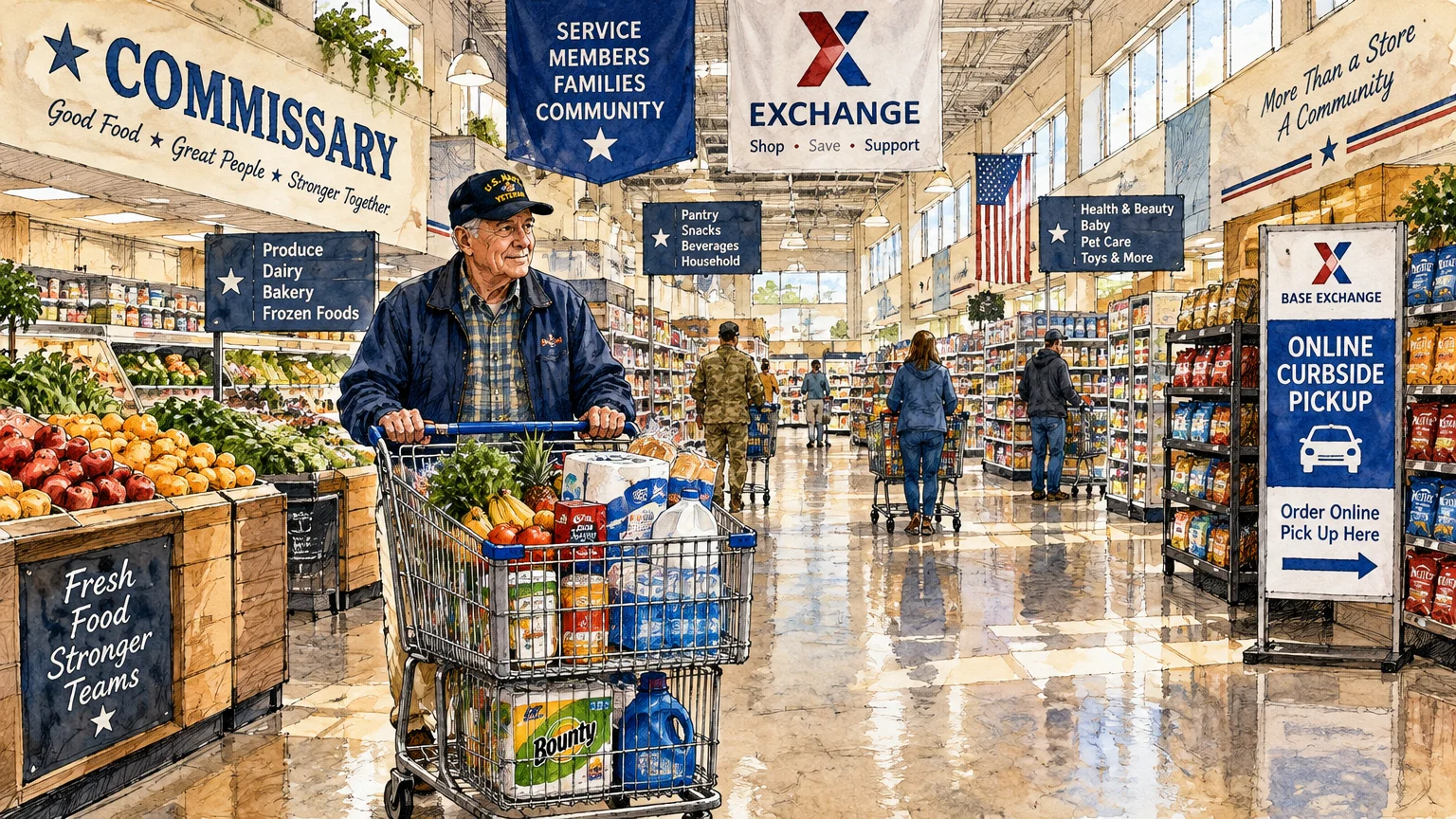 An older veteran pushes a full shopping cart through the aisle of a brightly lit military commissary and exchange store.