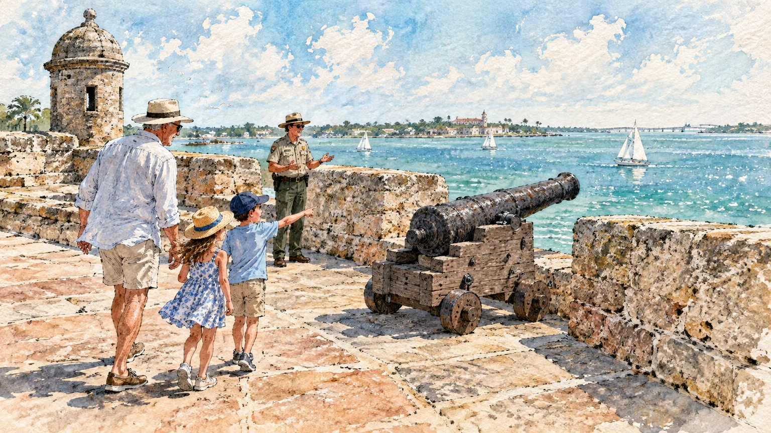 Watercolor of a man and two children visiting a park ranger and cannon on stone fort ramparts overlooking the sea.