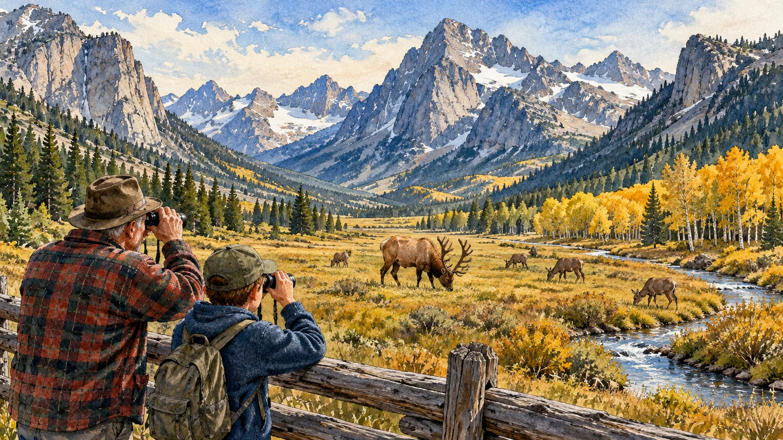 Watercolor of an older man and a boy looking through binoculars at elk grazing in a scenic mountain valley.