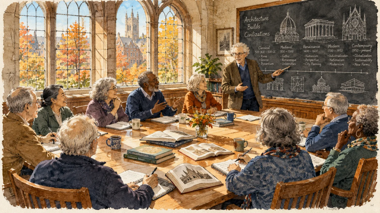 Illustration of older adults seated around a conference table listening to an instructor lecture at a chalkboard.