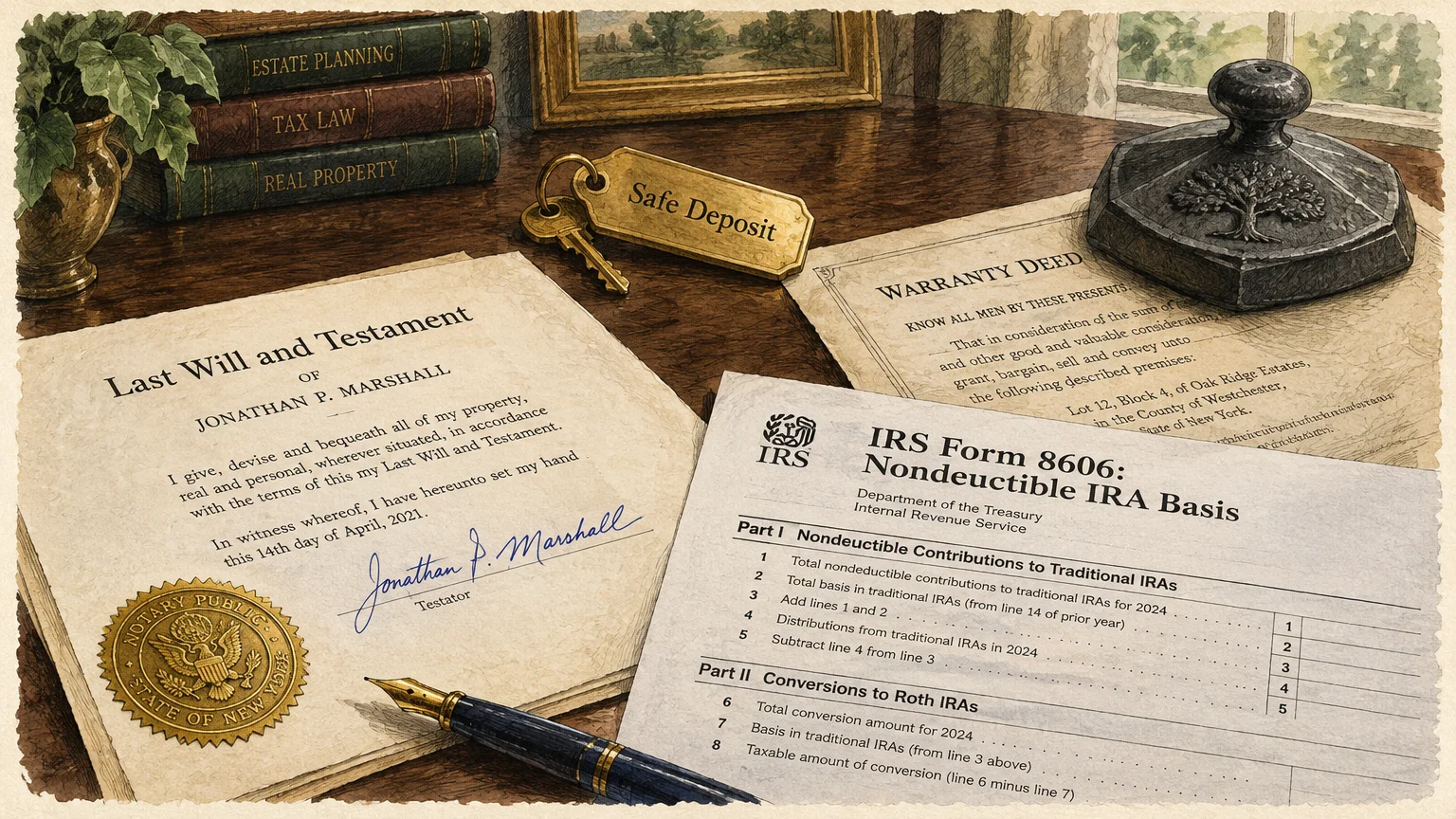 Illustration of legal papers, a will with a gold notary seal, an IRS Form 8606, and a safe deposit key on a wooden desk.