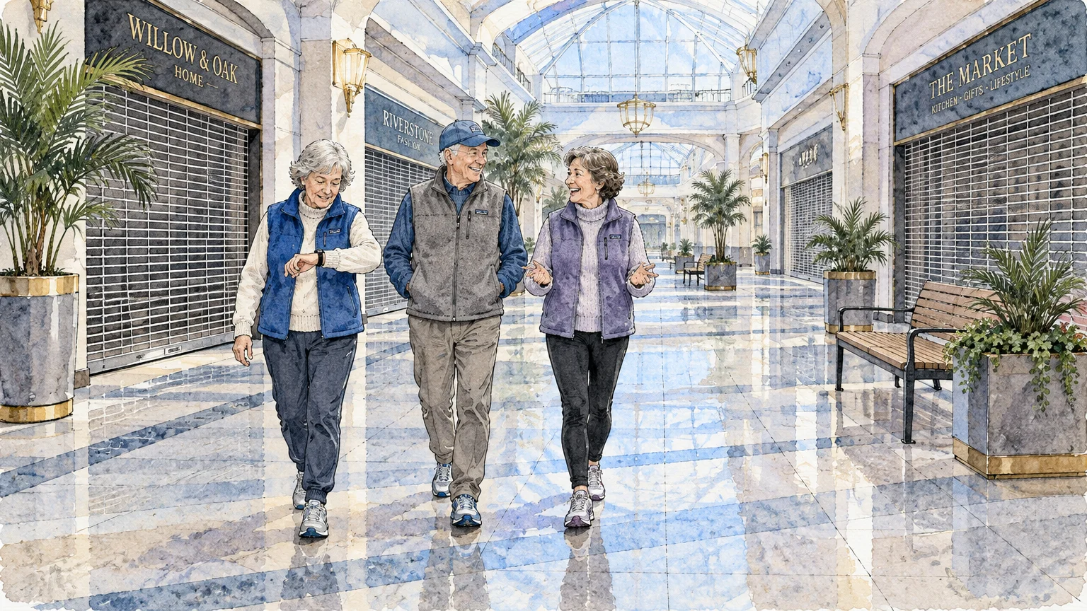 Watercolor illustration of three senior adults walking together through an indoor shopping mall with closed storefront gates.