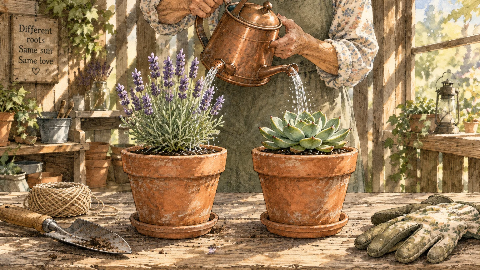 Illustration of a gardener watering potted lavender and a potted succulent simultaneously with a copper watering can.