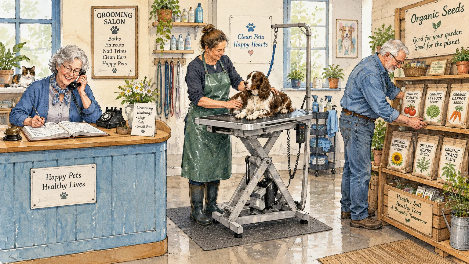 Illustration of a pet grooming shop with a receptionist on the phone, a groomer with a dog, and a retail clerk.
