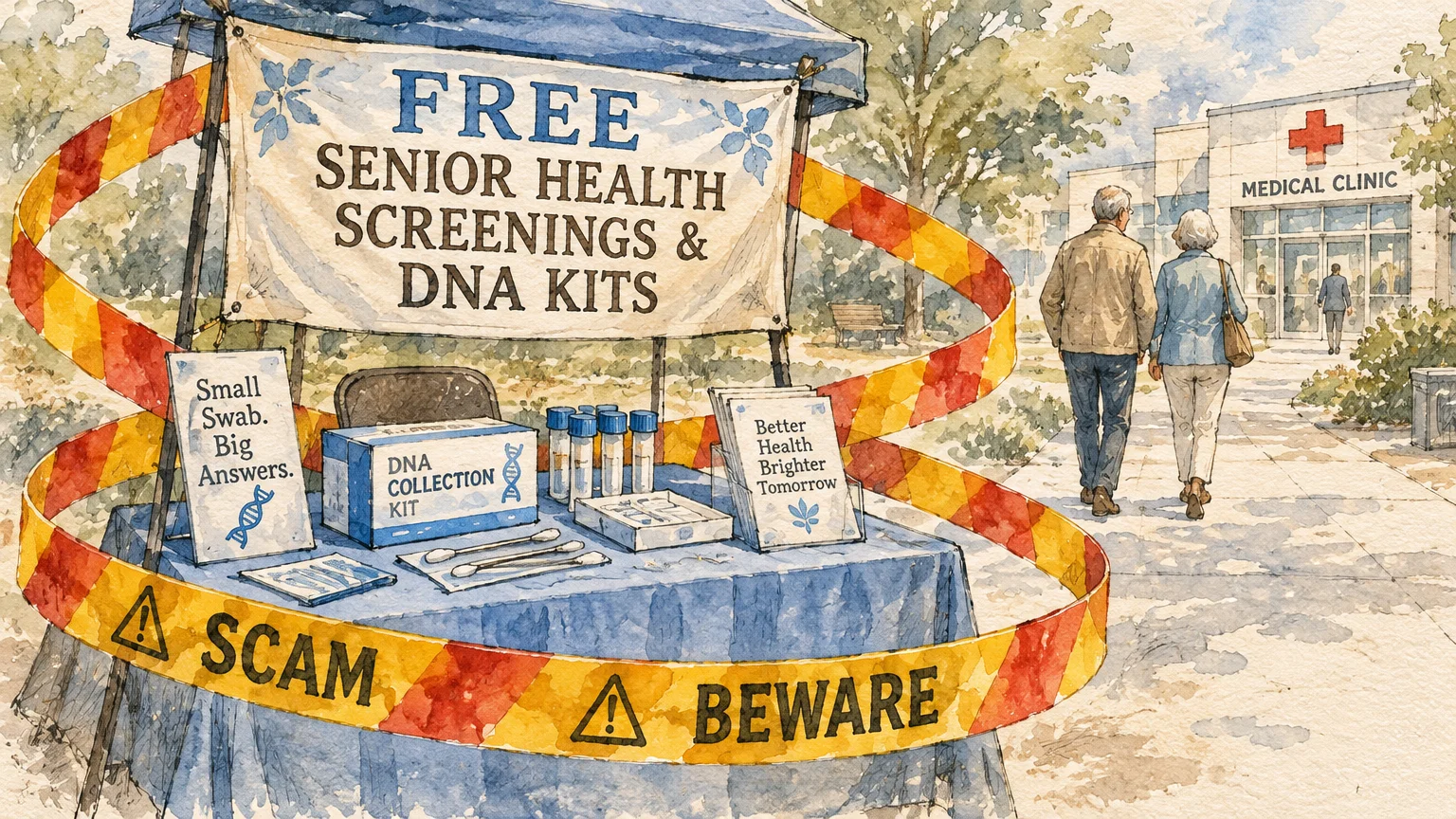 Watercolor illustration of an outdoor booth offering free DNA kits wrapped in caution tape labeled SCAM and BEWARE.