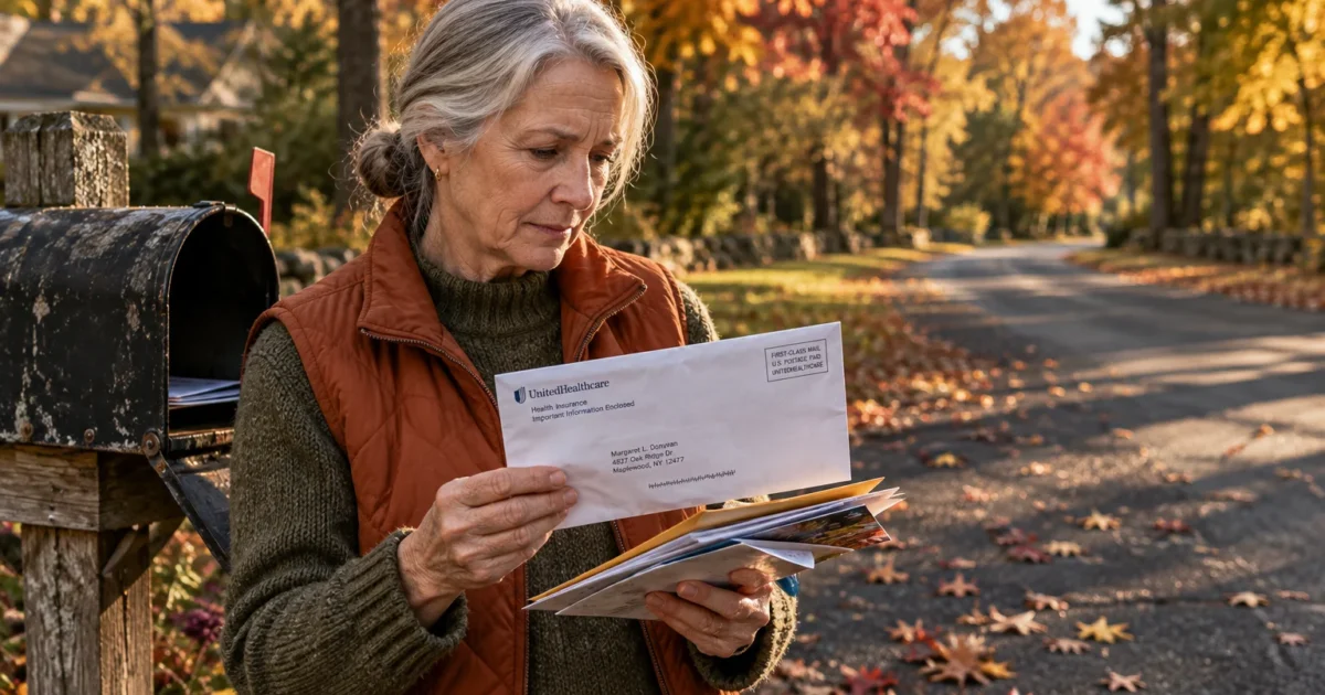 A senior woman stands beside an open mailbox on an autumn roadside, reviewing a letter from UnitedHealthcare.