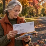 A senior woman stands beside an open mailbox on an autumn roadside, reviewing a letter from UnitedHealthcare.