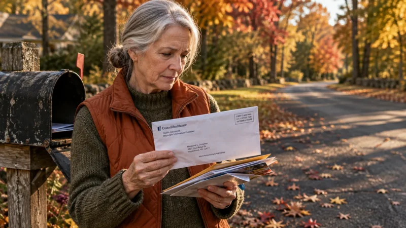 A senior woman stands beside an open mailbox on an autumn roadside, reviewing a letter from UnitedHealthcare.