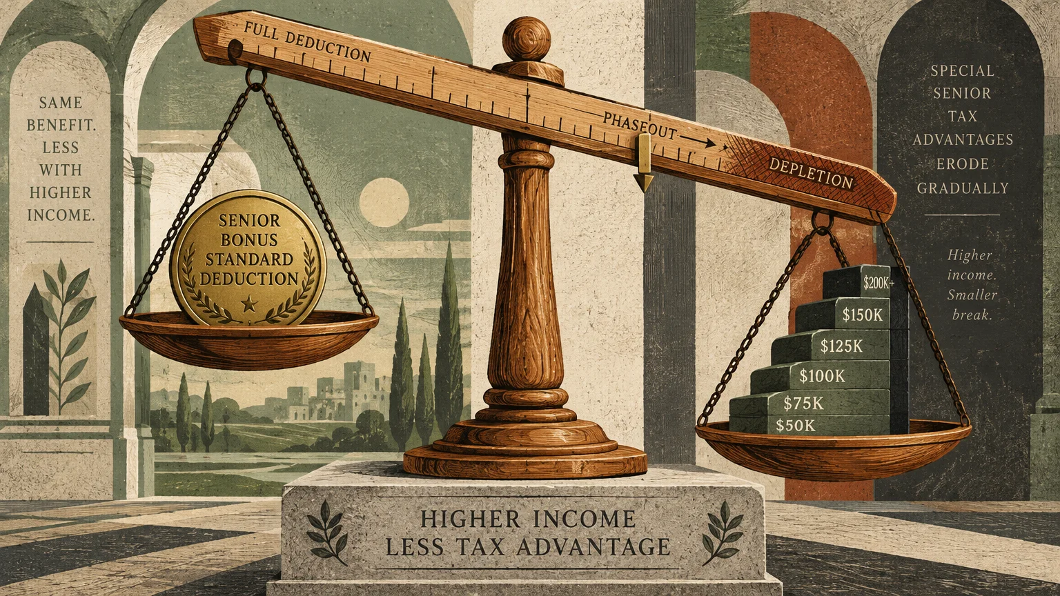 A wooden balance scale tipping as rising income blocks outweigh a gold senior bonus standard deduction coin.