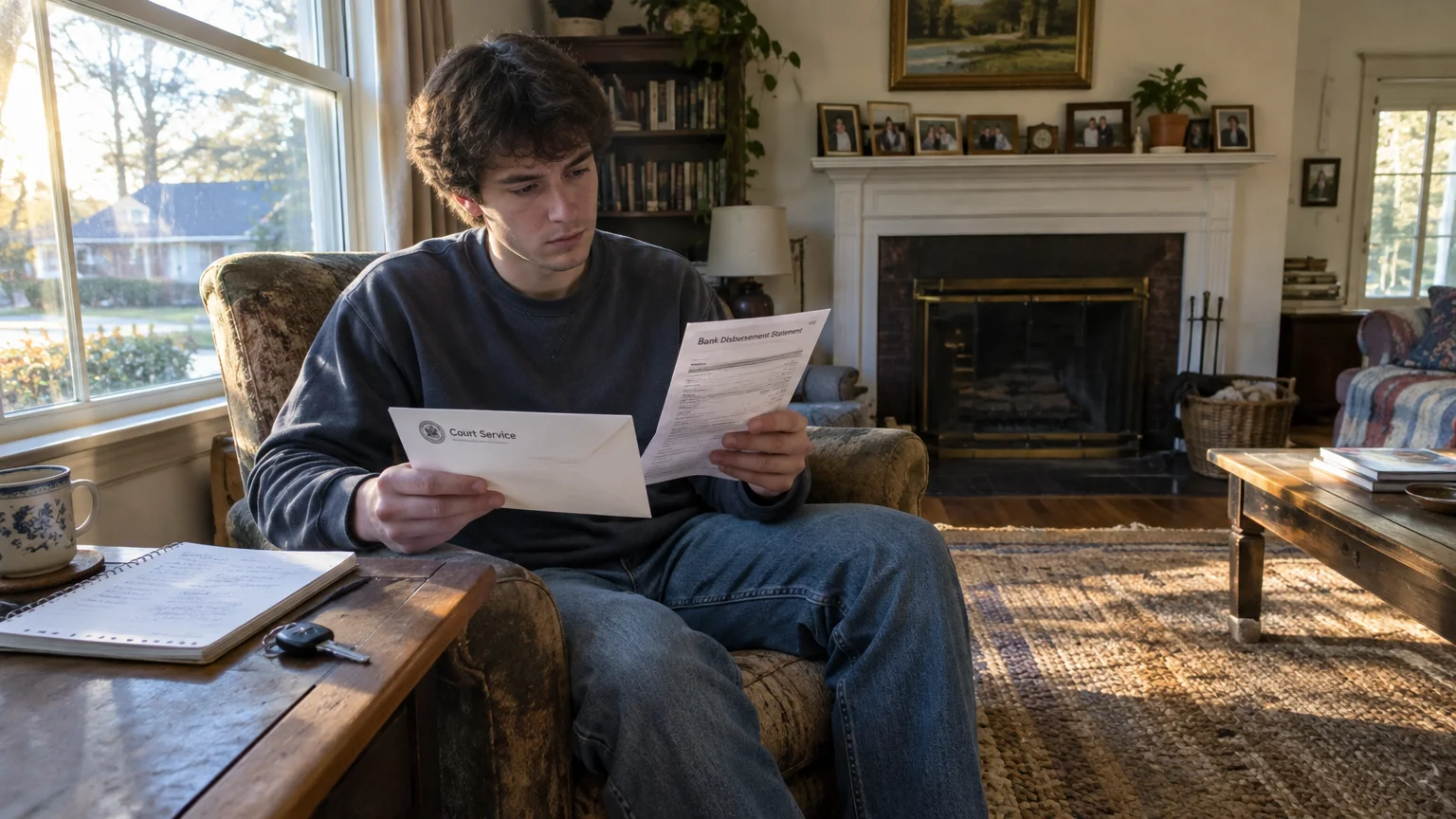 A young man sits in an armchair reading a court document and a bank disbursement statement in a living room.